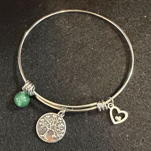 Silver-Tone Bracelet with Green Bead, Tree of Life & Heart